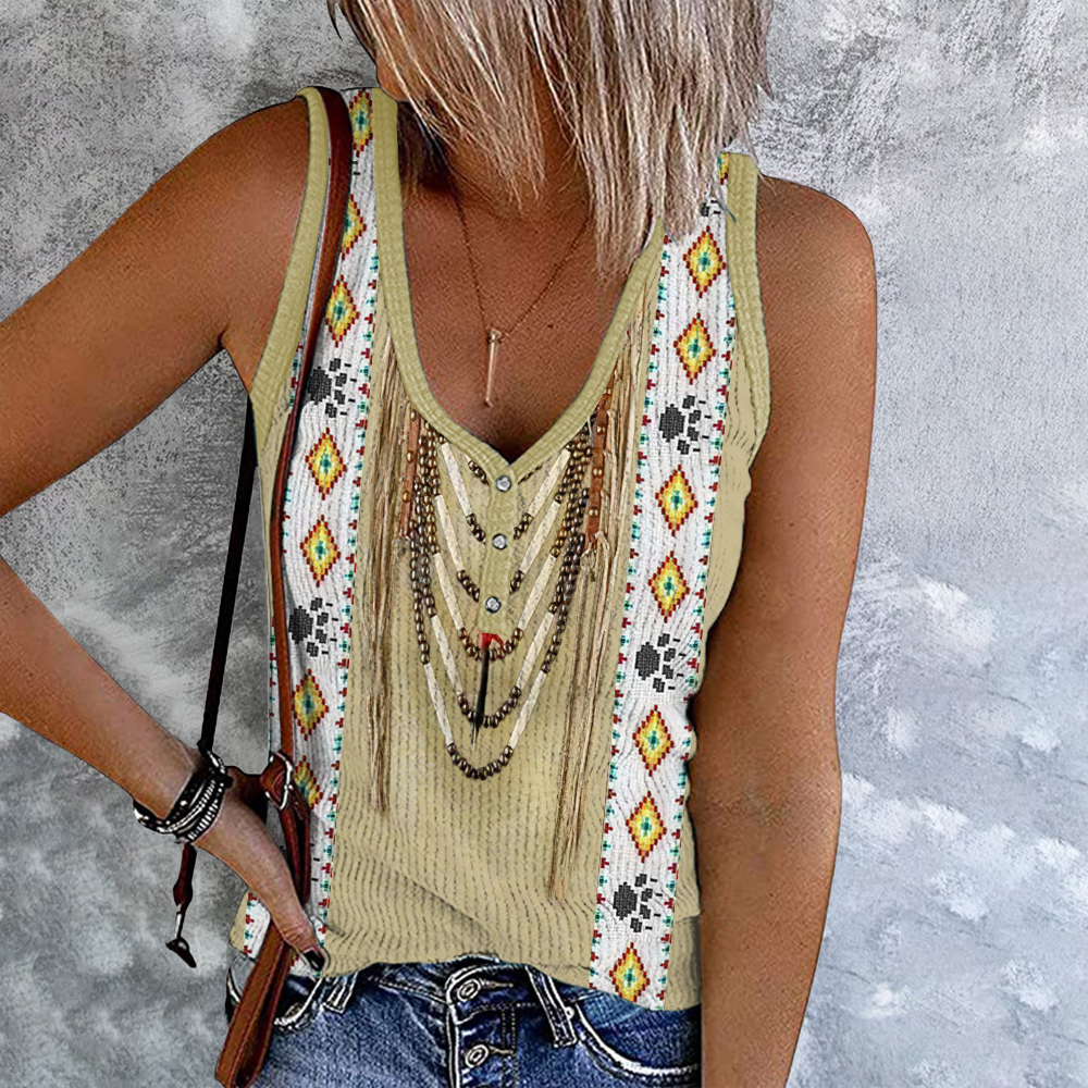  Western Tribal Geometry Tassels Button Up Tank Top Westsshops