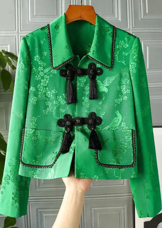 Vintage Green Peter Pan Collar Chinese Button Print Patchwork Silk Coats Spring
