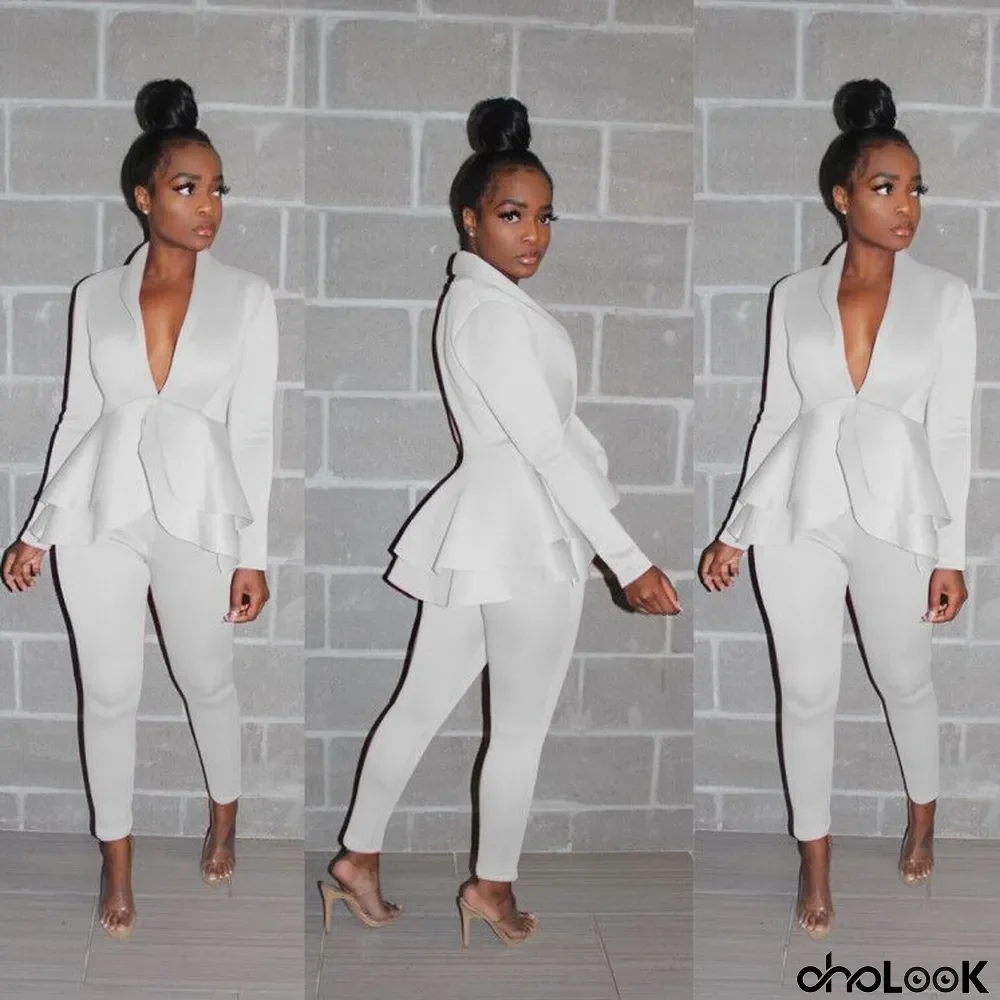 Solid V Neck Peplum Top And Pants 2 Piece Sets