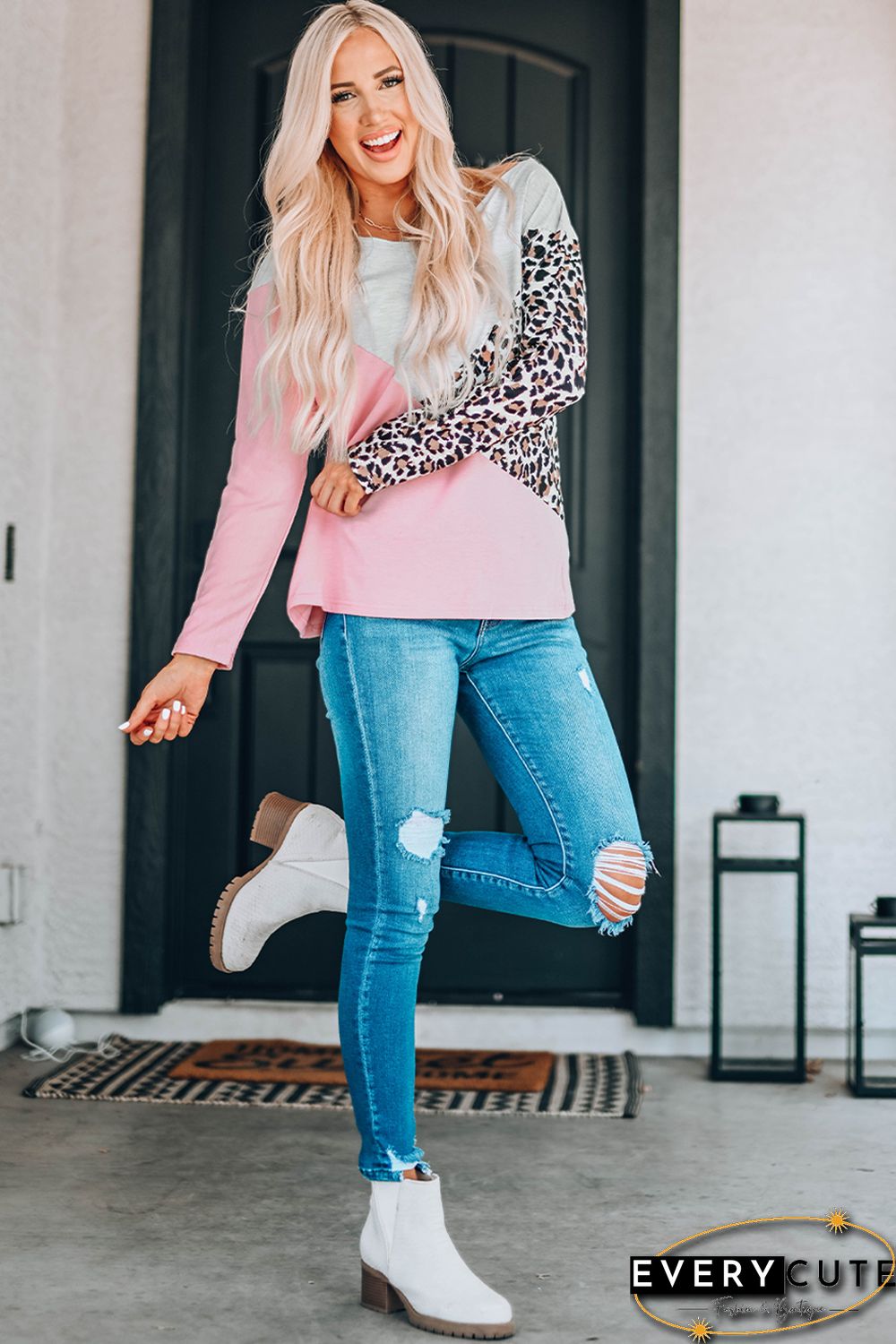 Leopard Colorblock Splicing Off The Shoulder Top