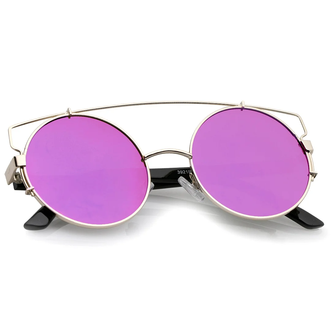 Midsize Metal Frame Horn Rimmed Crossbar Mirror Flat Lens Round glasses 53mm