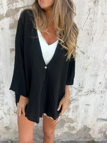 Solid Color V-Neck Fashionable Loose Top Long Sleeve Cardigan