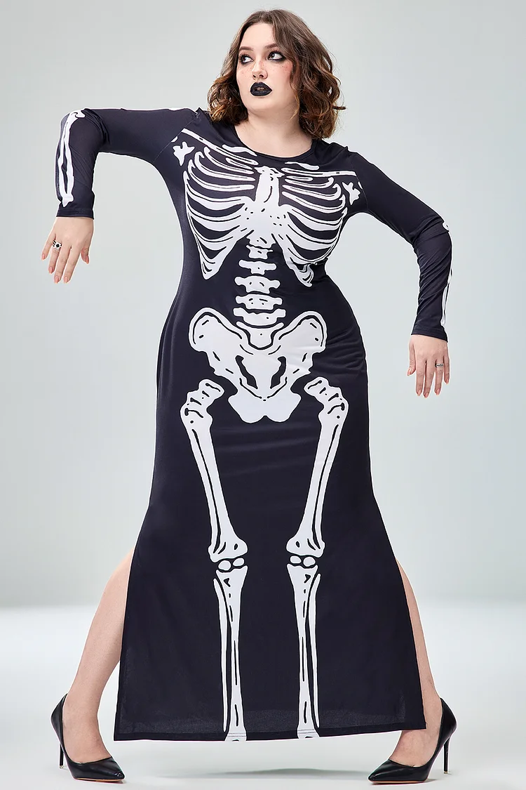 black halloween dress plus size Plus Size Sexy Womans Halloween Costume Goth Stretchy Knit Skeleton Bone  Fairy Handkerchief Mini Dress main image 1