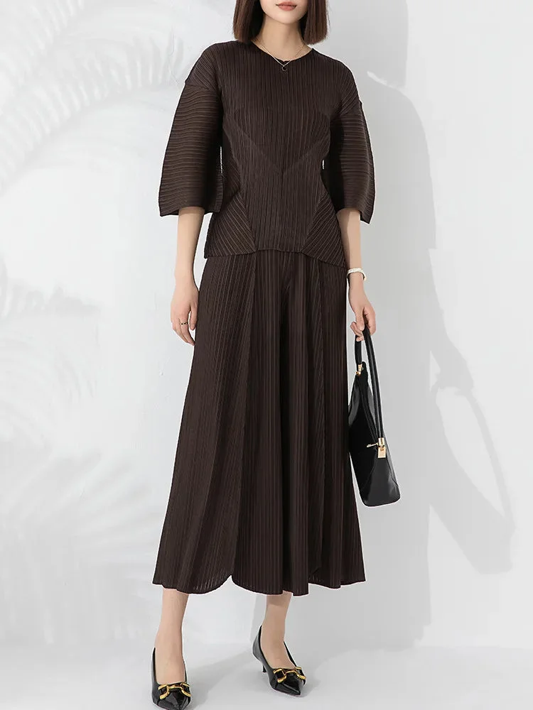 Women Purple O-neck Half Sleeve Top And Pleated Wide Leg Pants Set
