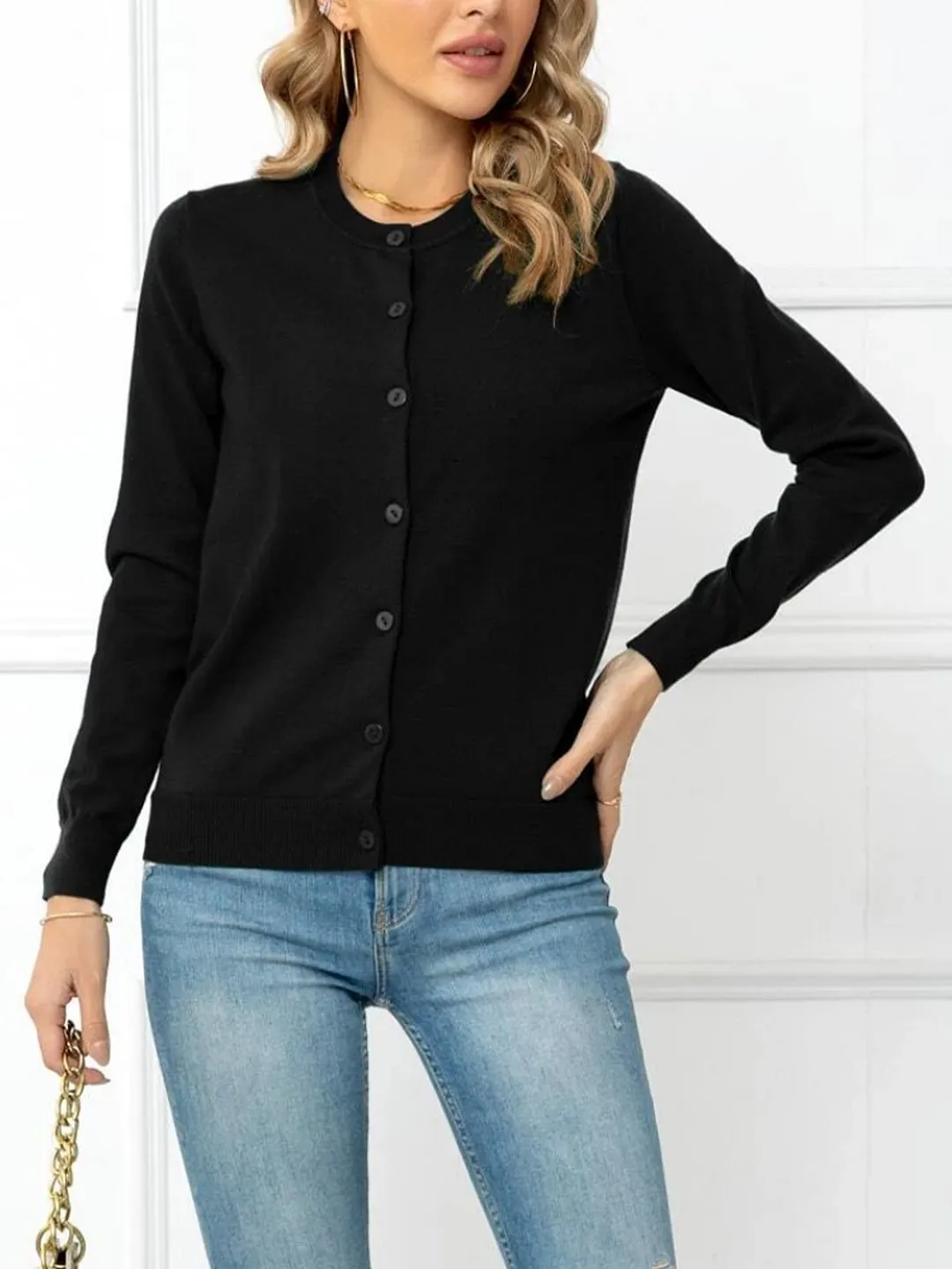 Nigikala Nigikala And Autumn Solid Color Round Collar Single Buckle Sweater Coat Casual Long-Sleeved Knitted Shirt Woman