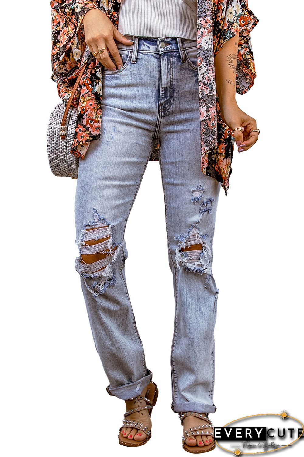 Sky Blue Acid Wash Sheath Straight Leg Distressed Jeans