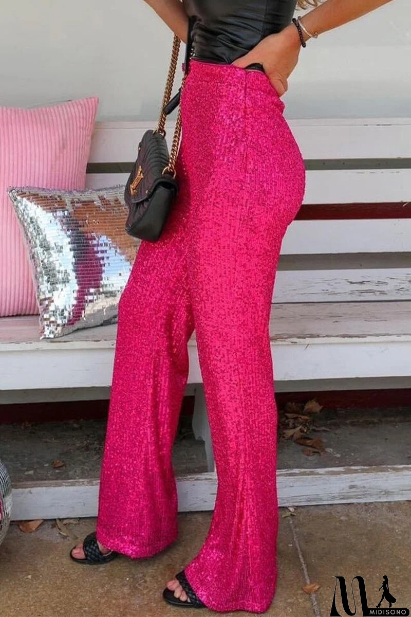 MidiSono - Casual British Style Solid Sequins Loose Low Waist Straight Solid Color Bottoms