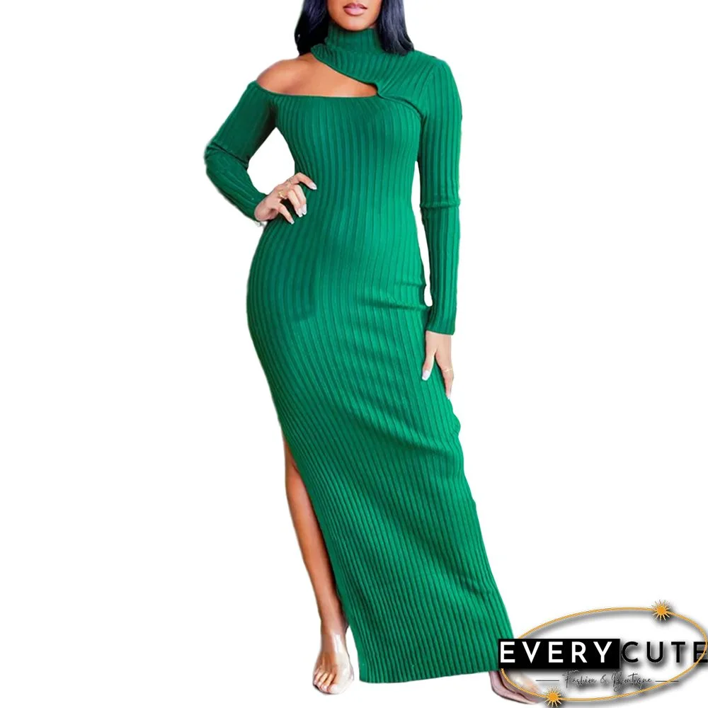 Green Ribbed Cut Out Side Split High Neck Maxi Dress