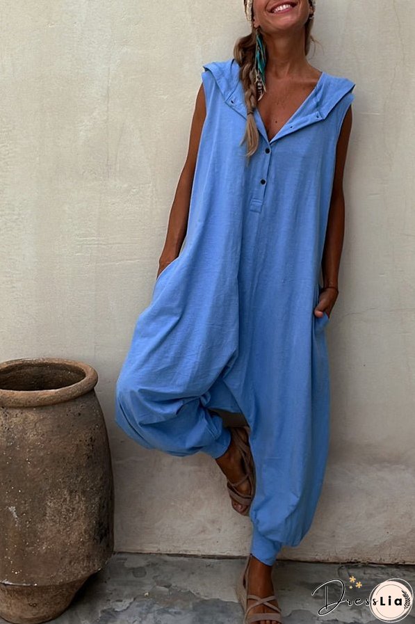 Let's Chill Pocketed Half Button Hooded Loose Jumpsuit