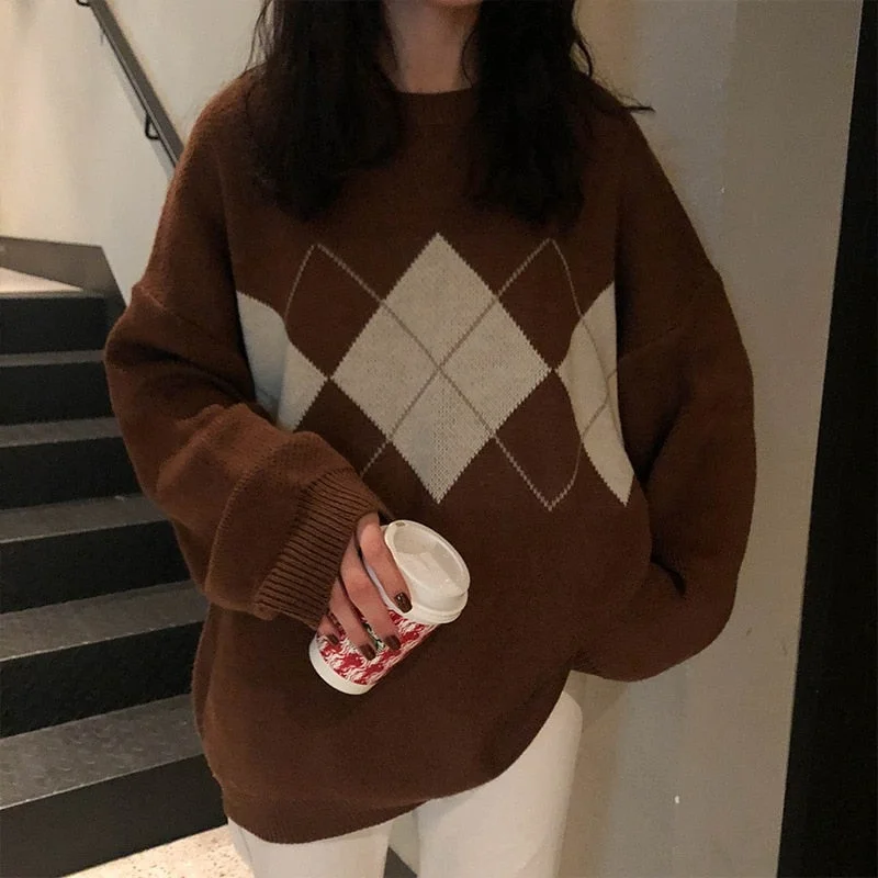 New Fashion Oversized Pullover Women Sweater Knitted Winter Loose Argyle Sweater Korean College Jumper Women Plaid Sweater 16691