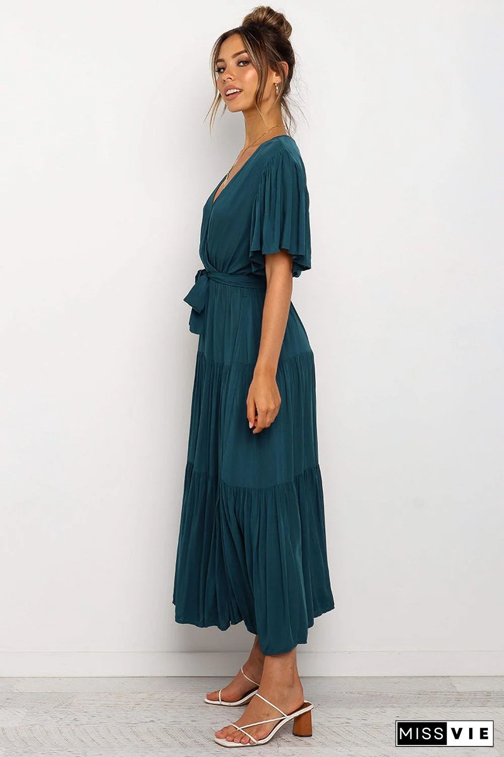 V Neck Tie Waist Short Sleeve Maxi Dress