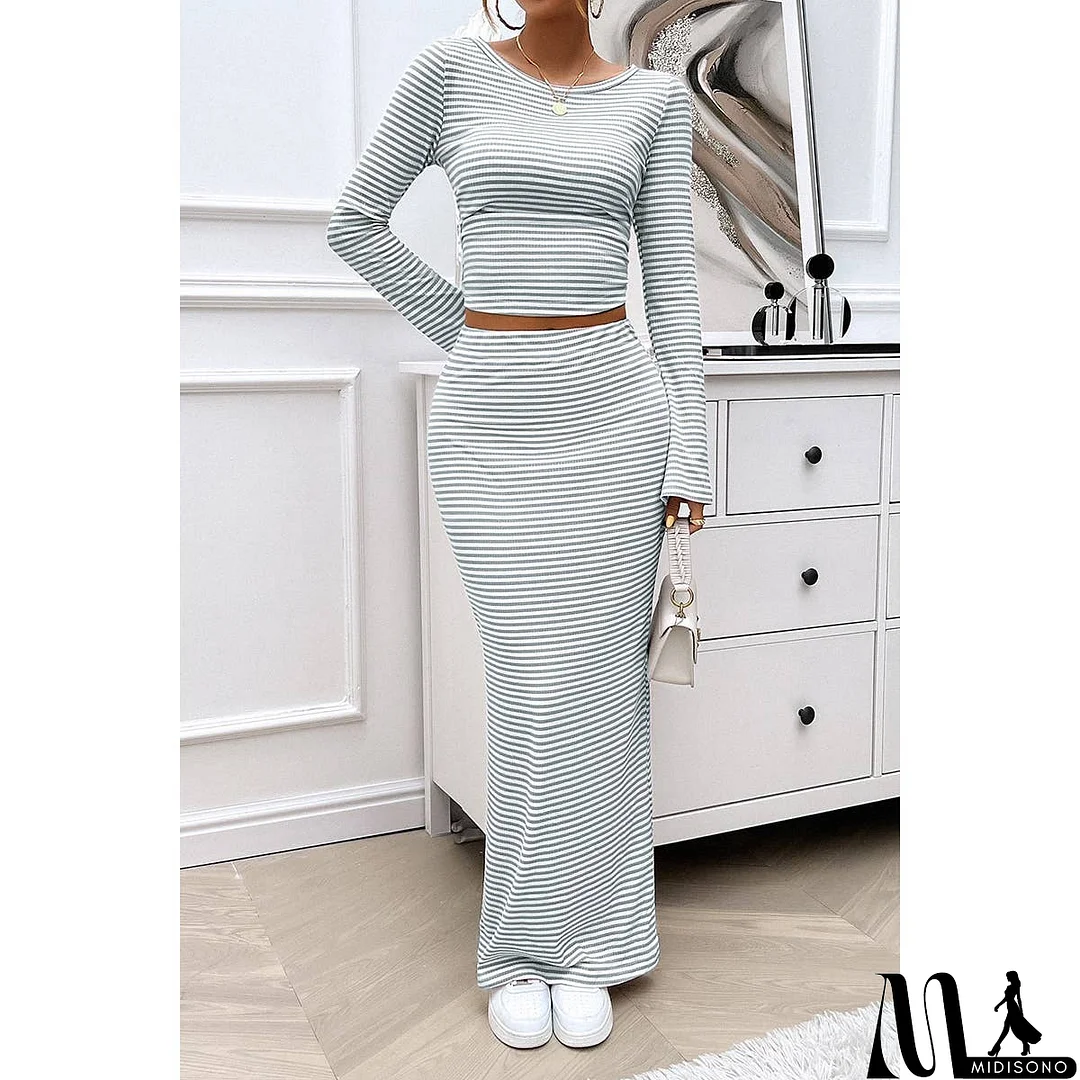 MidiSono - Striped Knitted Crop Top Wrap Hip Long Skirt Set
