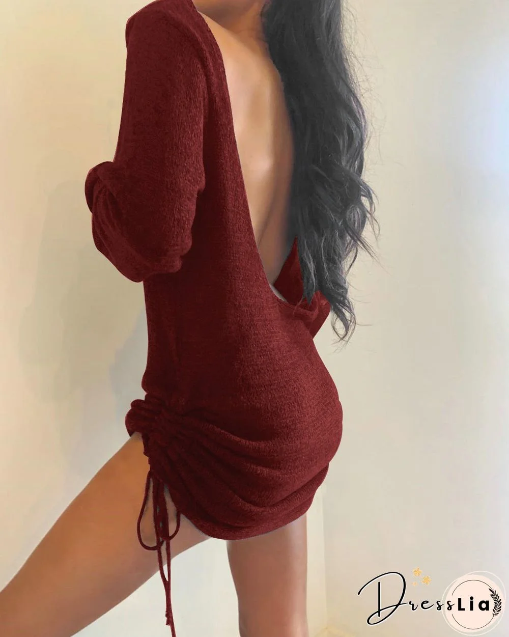 Drawstring Ruched Backless Dress P11312