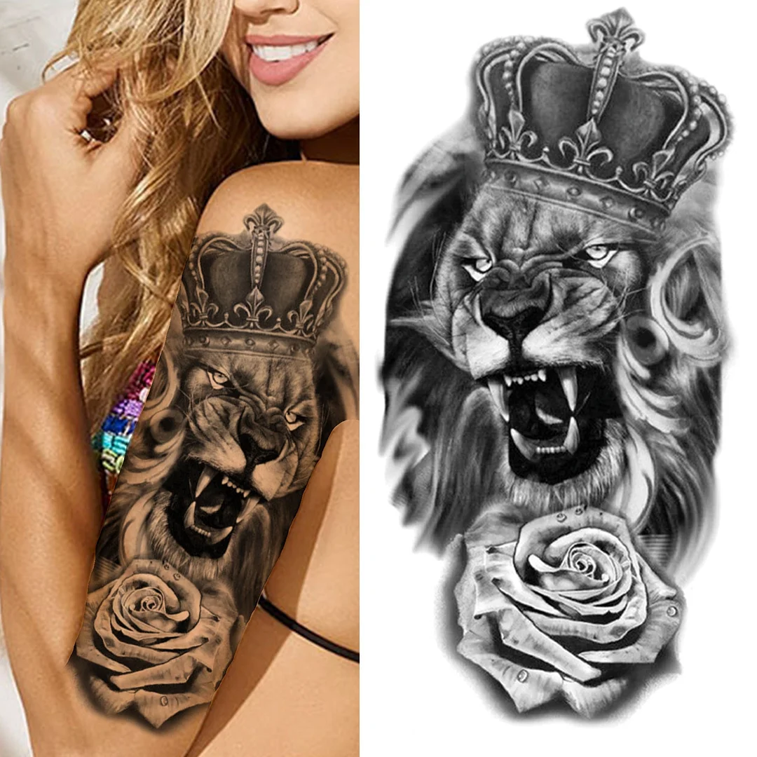 Lion King Crown Temporary Tattoos For Women Men Adult Black Tiger Forest Skull Tattoo Sticker Fake Skeleton Fashion Tatoo Flower