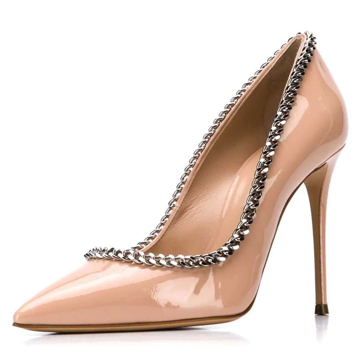 GOOSHOE Nude Chain Pointed Toe Stiletto Heels Pumps