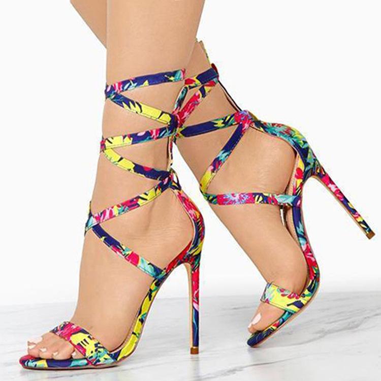 Women summer colorful strap tie up stiletto high heels sandals