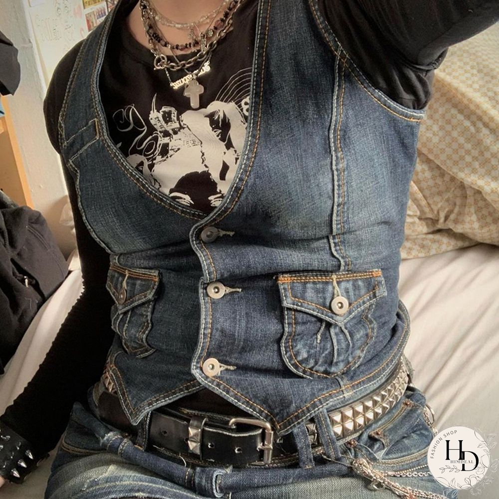 Y2K Pockets Jeans Corset Top Button V Neck Cargo Retro Sweats Tank Tops Women Streetwear Aesthetic Vest Summer 90S Tee