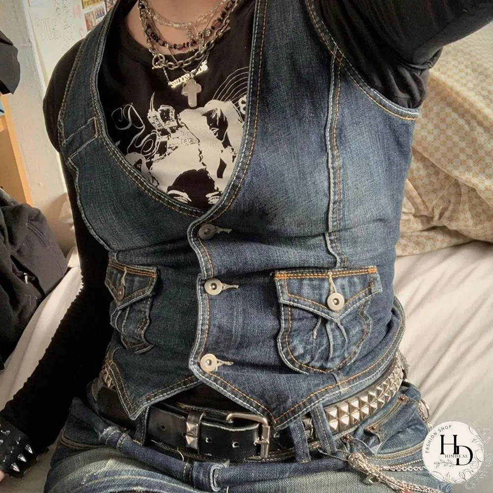 Y2K Pockets Jeans Corset Top Button V Neck Cargo Retro Sweats Tank Tops Women Streetwear Aesthetic Vest Summer 90S Tee