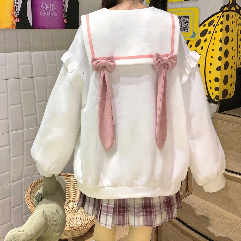 Girls Sailor Collar Bunny Ear Hoodie With Pocket Novameme