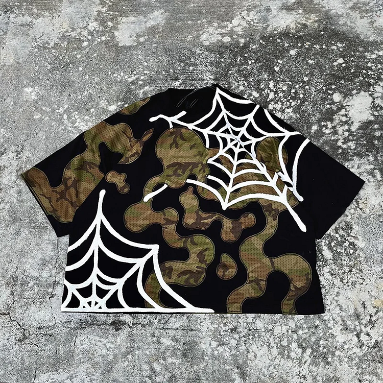 Vintage Patchwork Spider Graphic Short Sleeve T-shirt