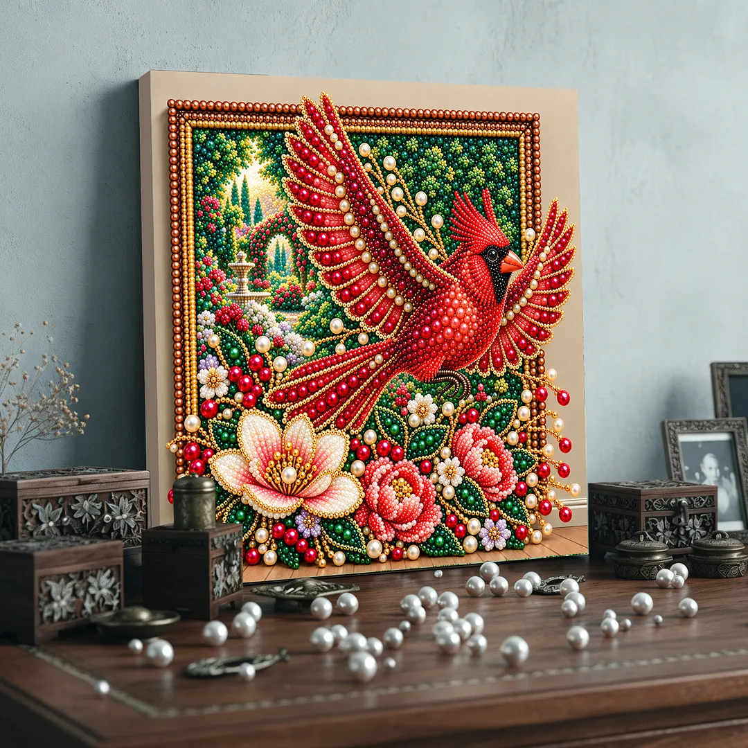 Pearl Painting Kit with Frame Red Cardinal Flower 11.81x11.81in