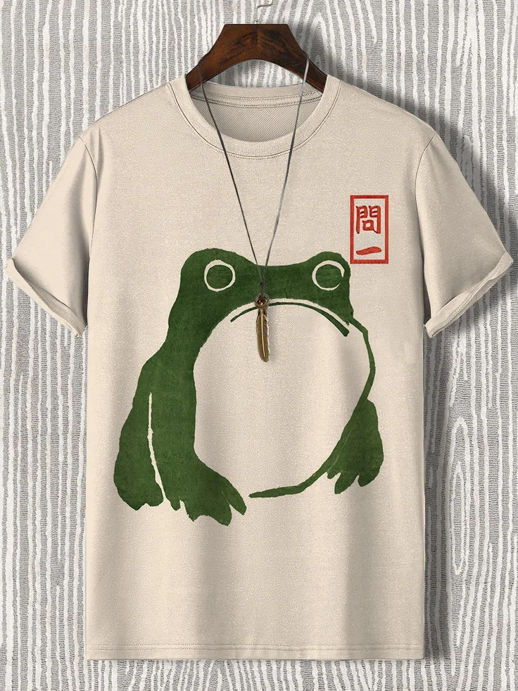 Men's Cute Frog Japanese Lino Art Painting Printed T-Shirt