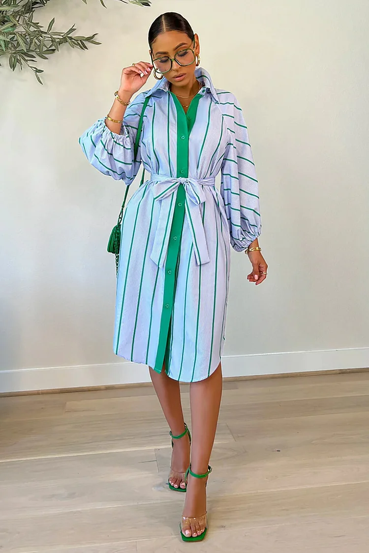 Striped Print Lantern Sleeve Tie Belt Colorblock Midi Shirt Dresses-Pink