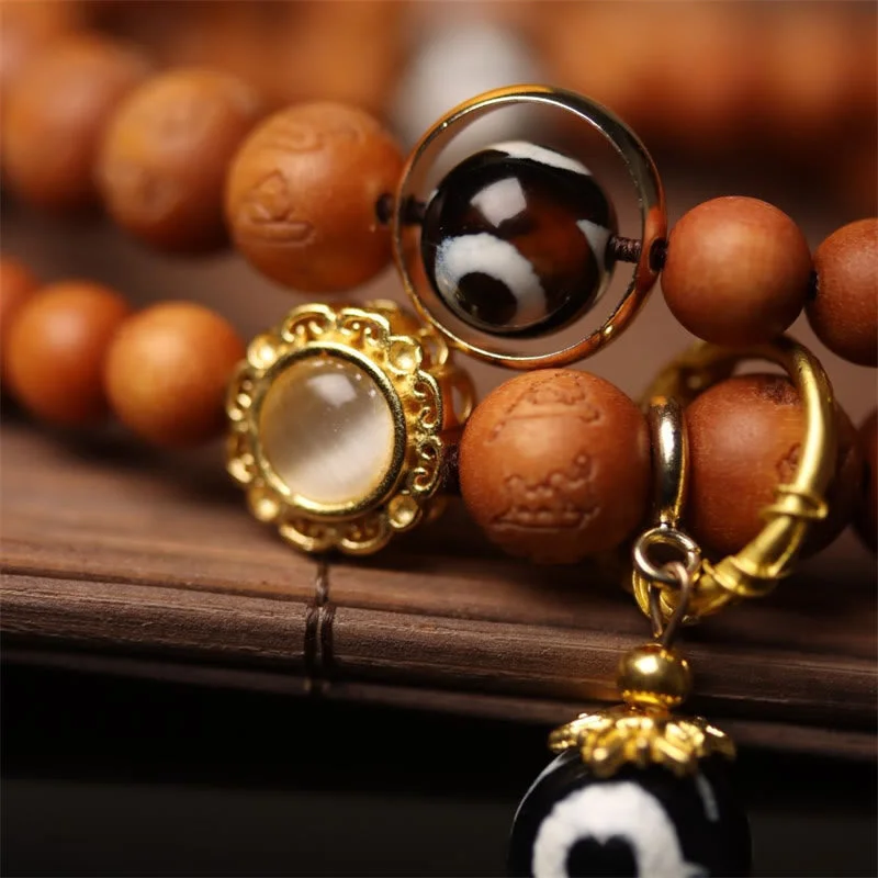 Tibetan Sandalwood Om Mani Padme Hum Dzi Bead Double Wrap Bracelet