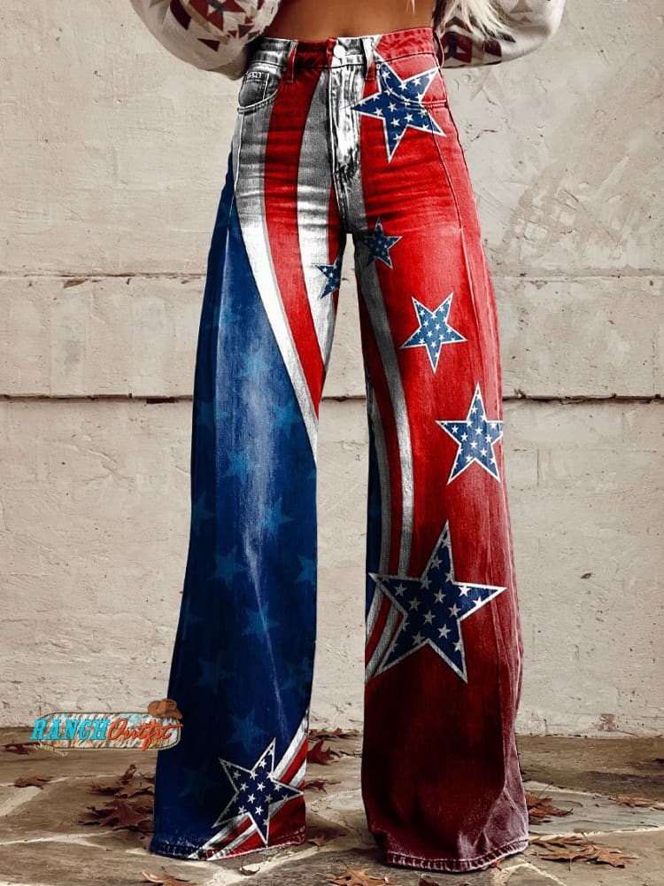 Women’s Vintage Stars Stripes Print Casual Wide Leg Pants Multicolor / S