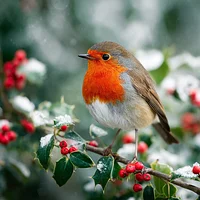Robin On Holly Branch - Diamond Painting