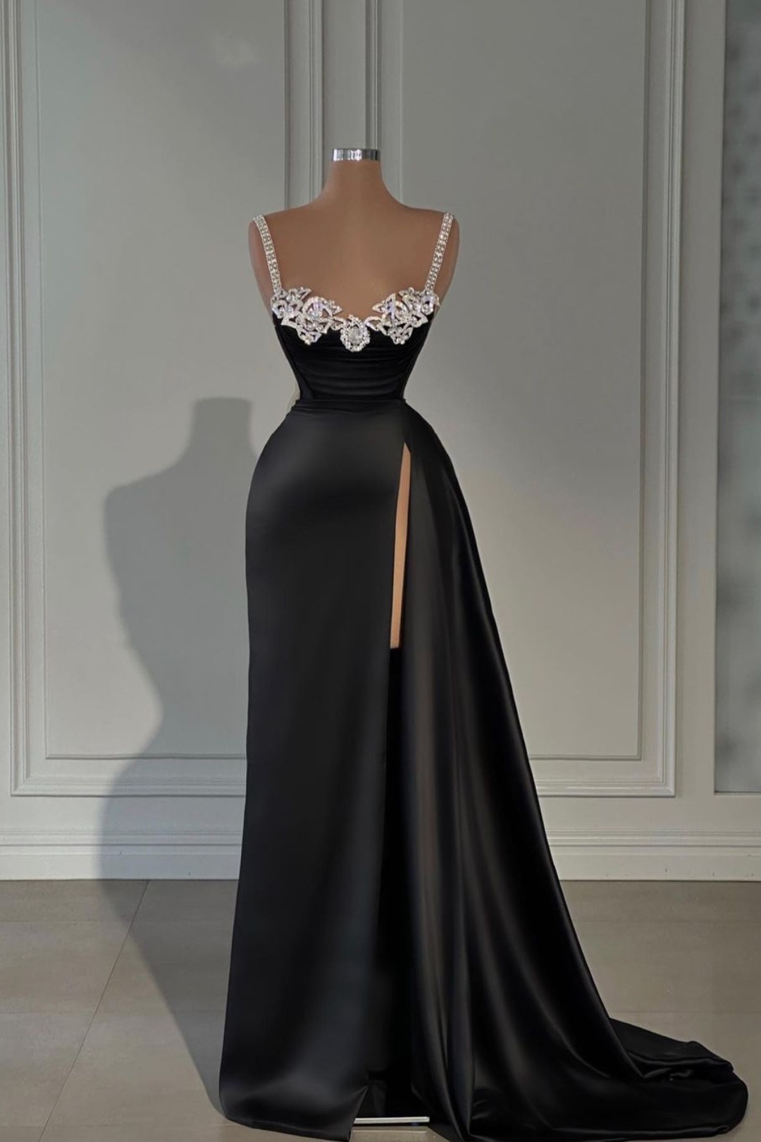 Black Evening Dress Satin Spaghetti Strap With Split Beadings YL0229