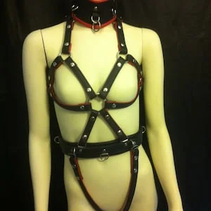 pornhint Pornhint Locking Black Red leather bondage Female body harness collar  bdsm fetish slave Mature Content BDSM