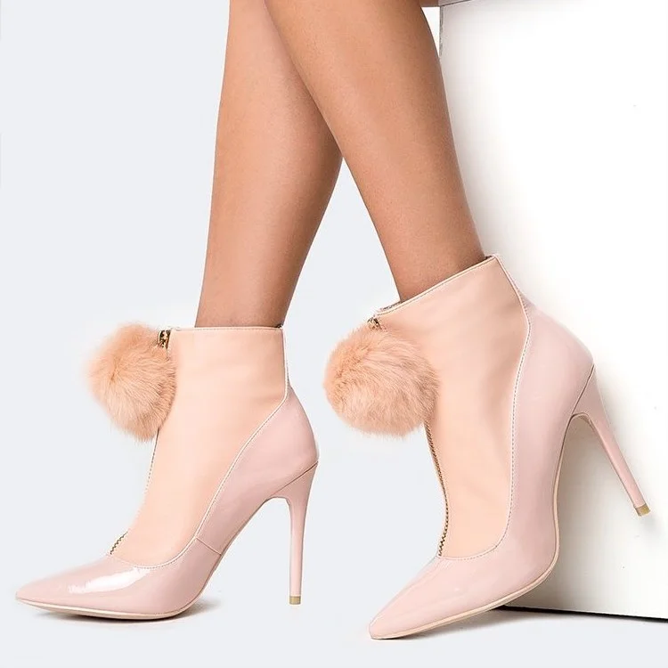 Blush Pom Pom Shoes Pointy Toe Stiletto Heel Ankle Booties |FSJ Shoes