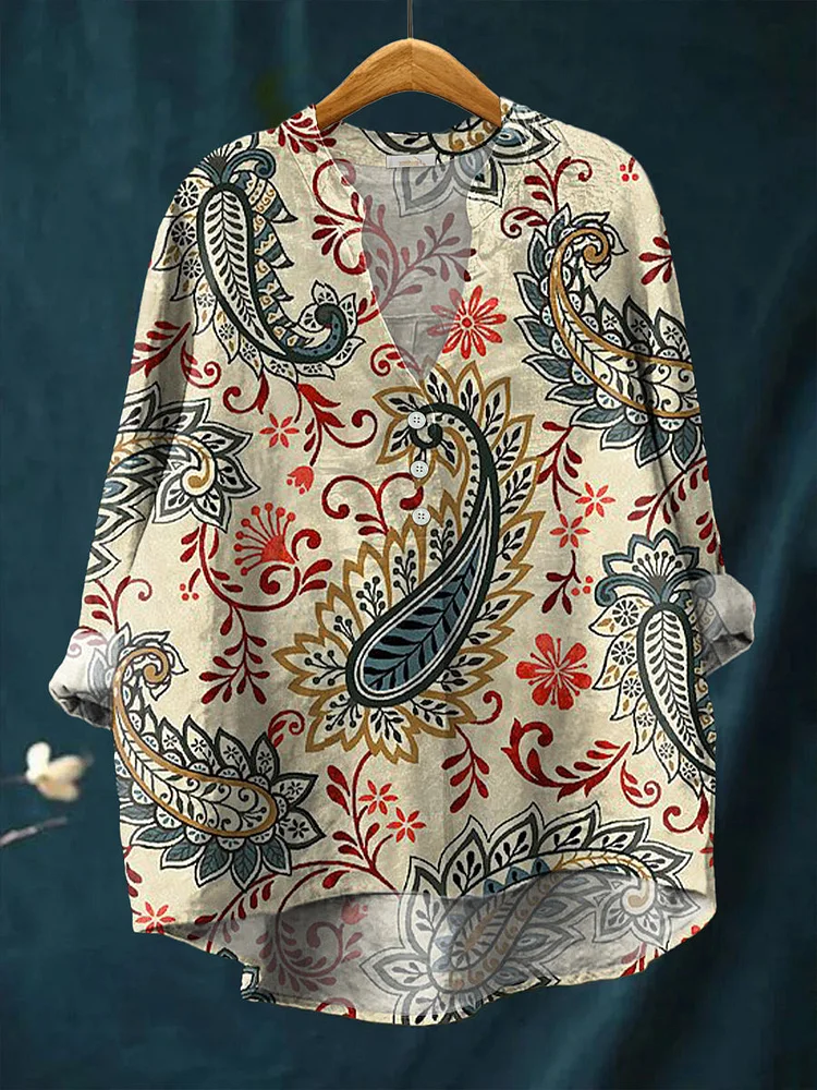 Women's Vintage Ethnic Art Floral Pattern Print Casual Cotton And Linen Ruffle Shirt