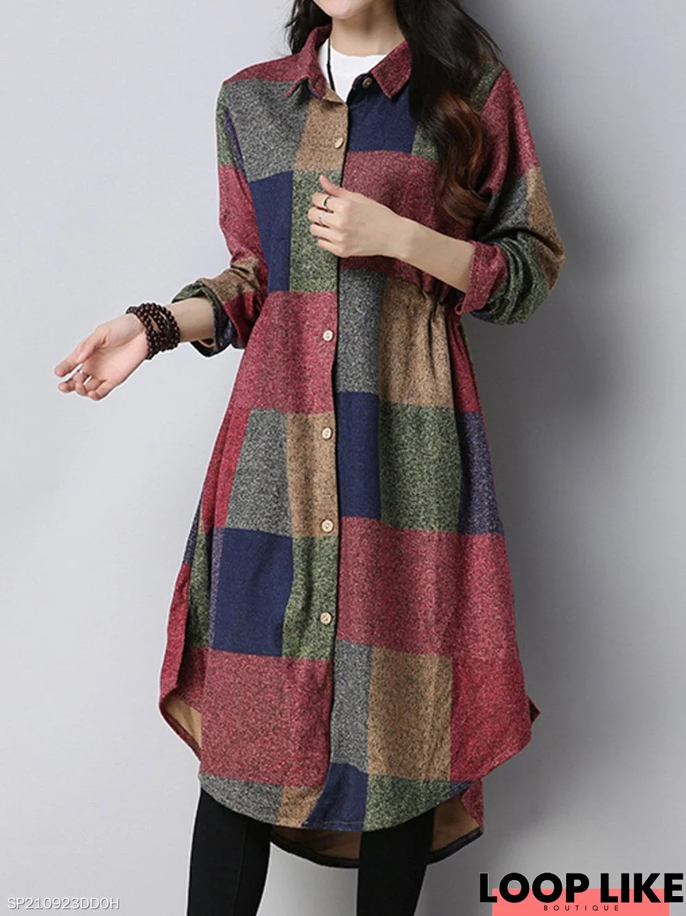 Mid-Length Retro Long-Sleeved Elastic Waist Dress