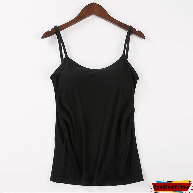 Long Cami With Built In Shelf Bra Adjustable Strap Women Layering Basic Tanks Top Solid Cotton Chest Pad Summer Cami T Shirt