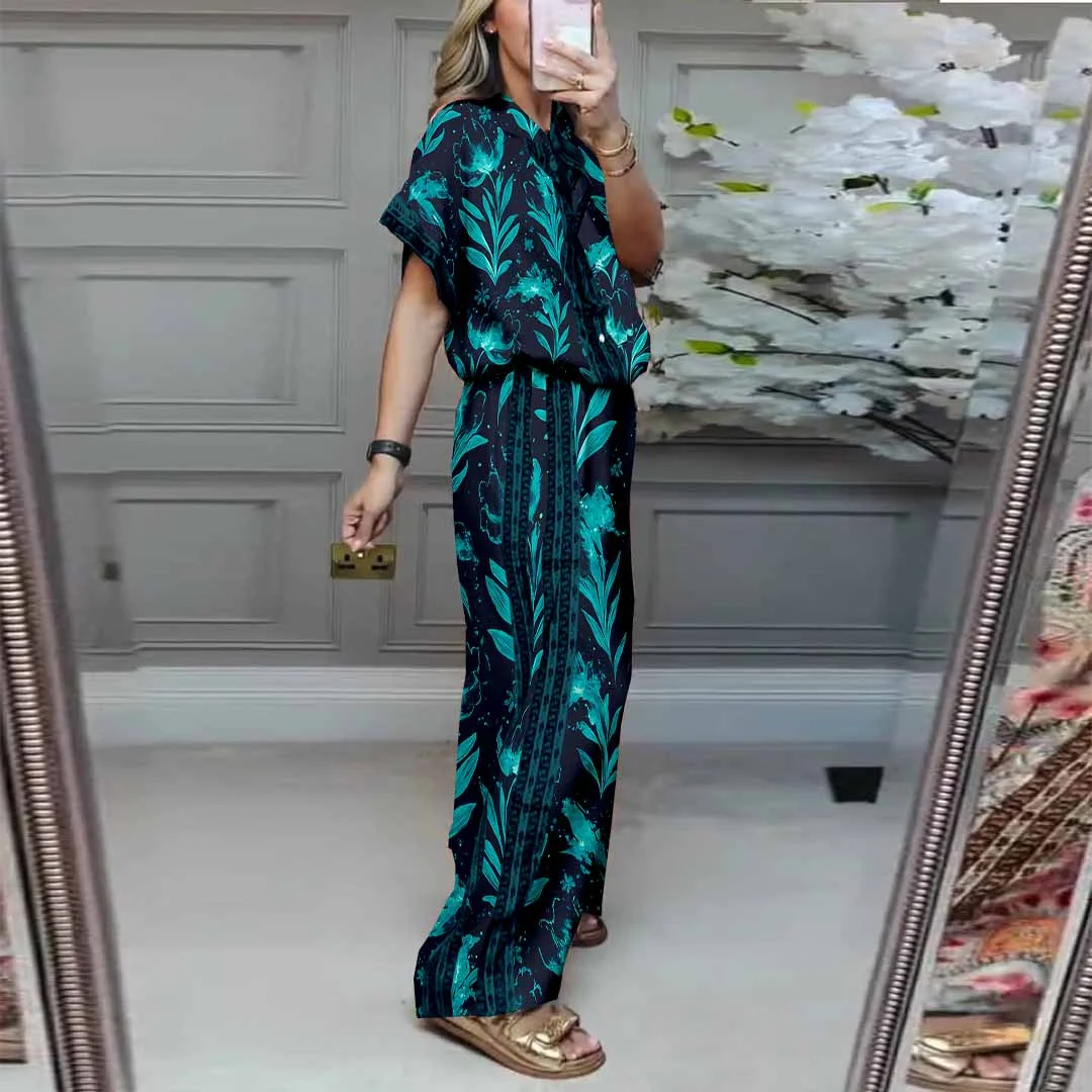 Women Plant, Fluorescent Green, Blue DZDL1125 V-neck Short Sleeve Blouse and Pants Set