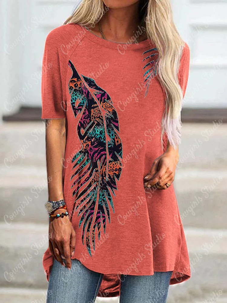 Western Style Ladies Feather Print Ladies Top