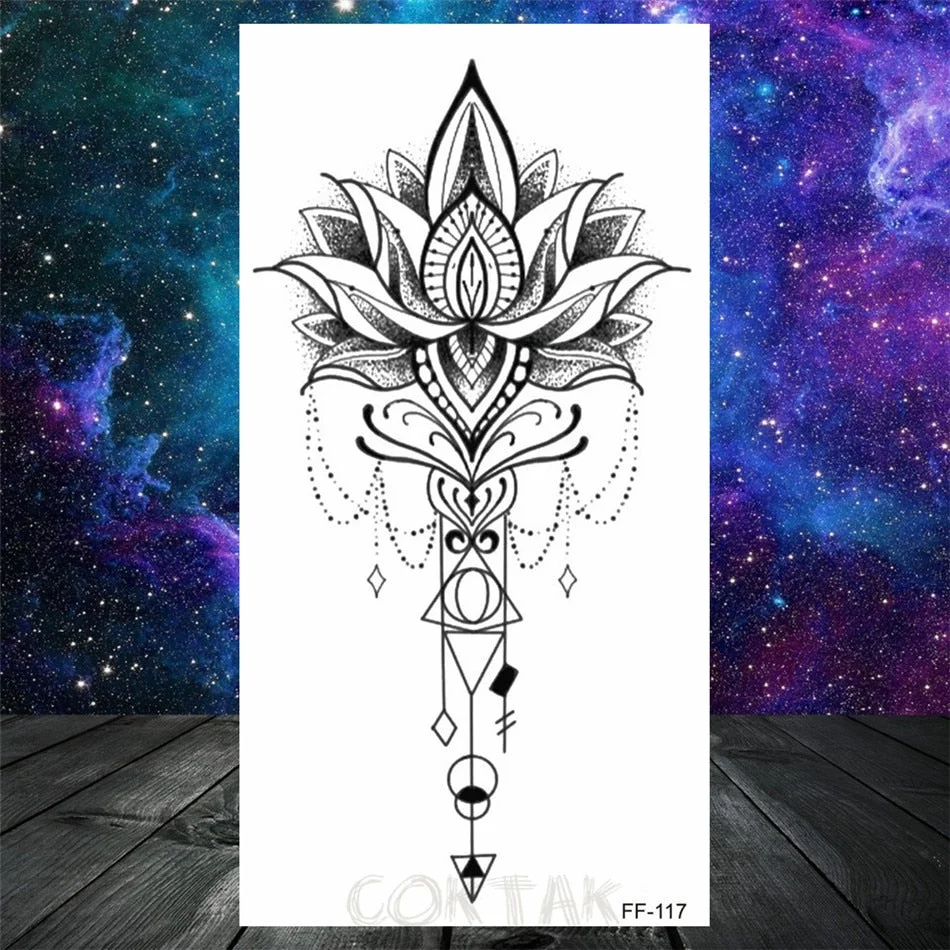 Lotus Flower Temporary Tattoo For Women Girls Snake Peony Lily Rose Chains Tattoos Sticker Black Blossom Fake Transferable Tatoo