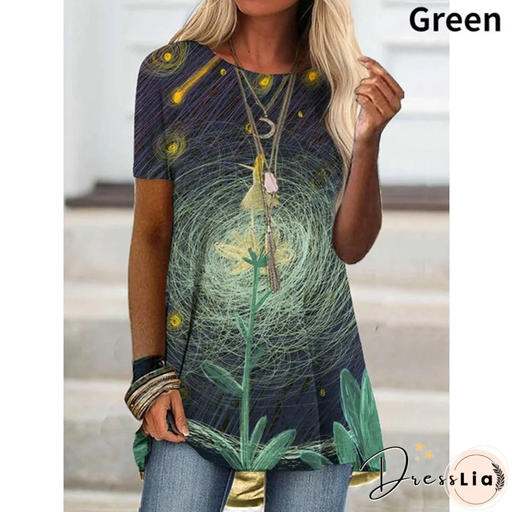 Women Fashion Floral Graphic Printed Short Sleeve Casual Tunic Loose Plus Size O-neck Tops Blouse