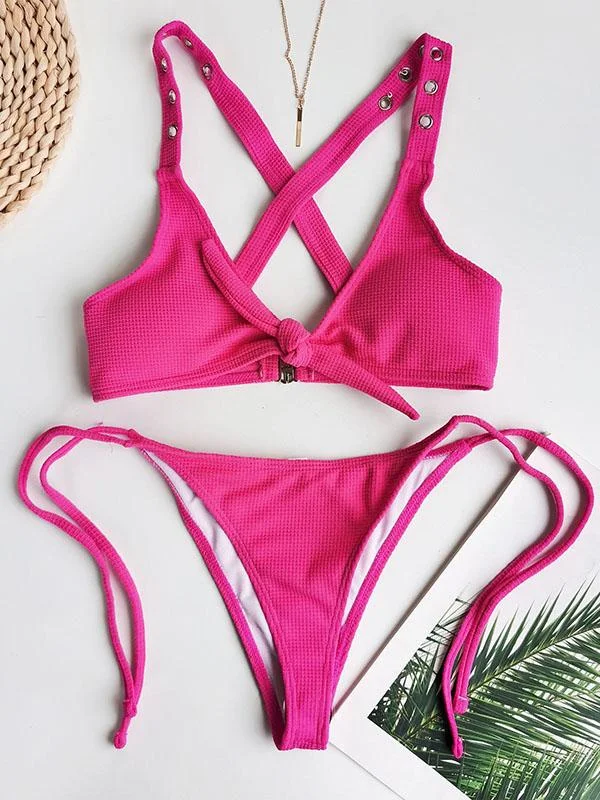 Solid Color Knotted Embellished Split Bikini Swimsuit