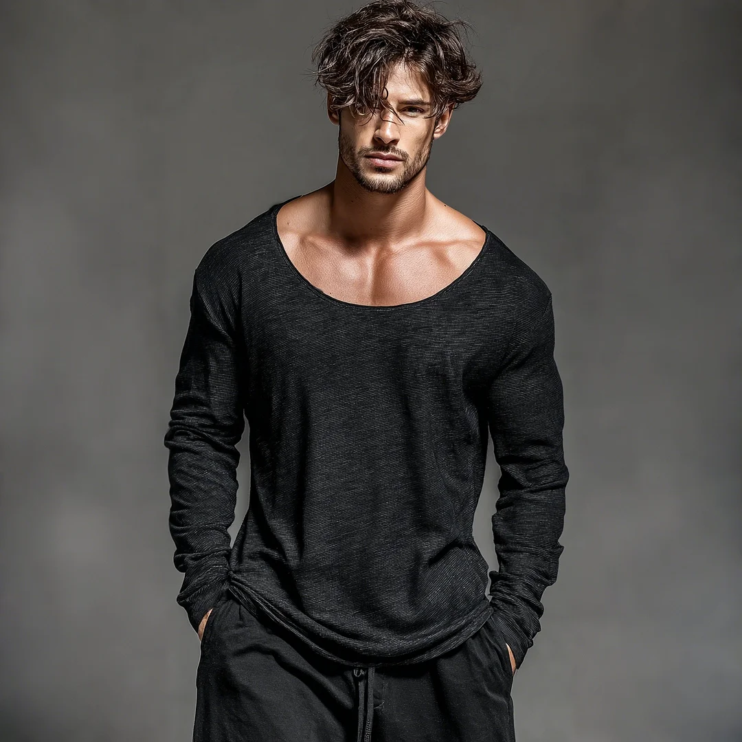 Men's Loose Comfortable Pure Cotton T-Shirt Crew Neck Long Sleeve Top-inspireuse