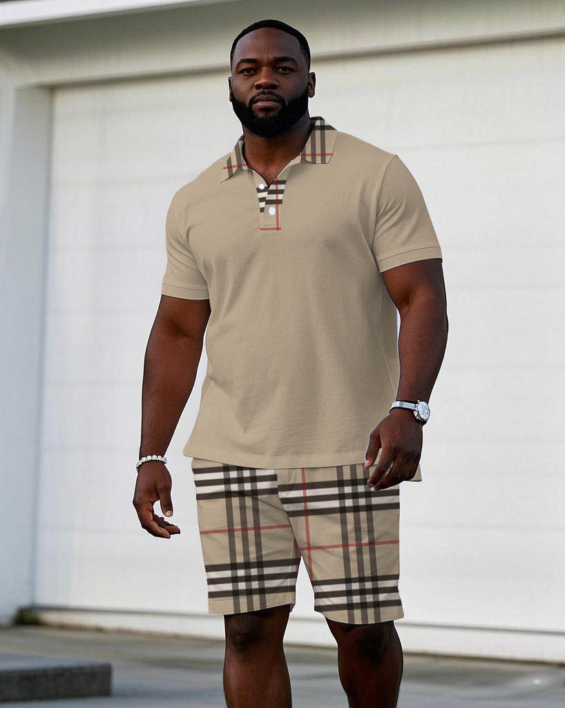 Daily Leisure Holiday Big Brand Plaid Collar Stitching Short Sleeve POLO Shorts Suit Men's Plus Size