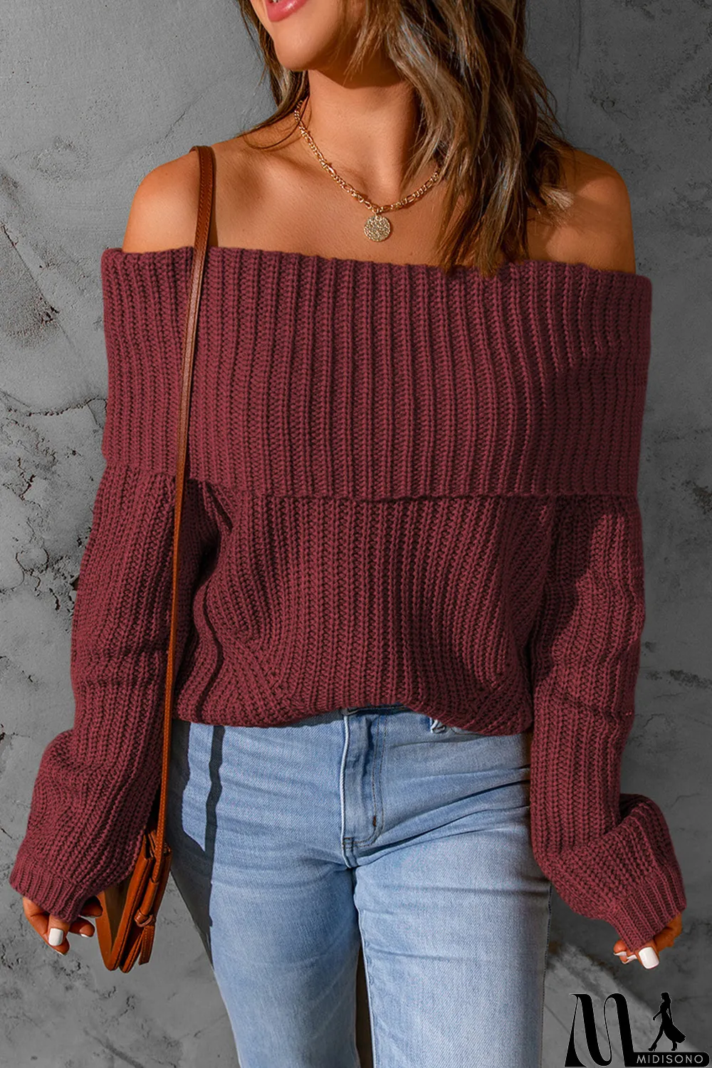 MidiSono - Red Ribbed Knit Foldover Off Shoulder Sweater