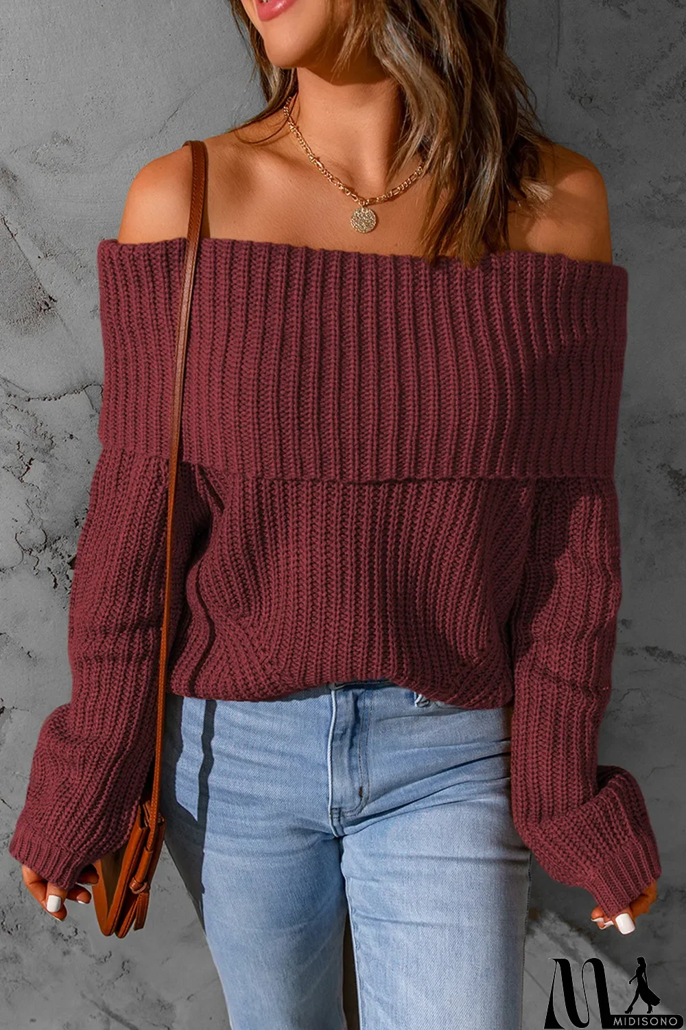 MidiSono - Red Ribbed Knit Foldover Off Shoulder Sweater
