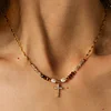 Elegant Brown Beads Pearls Cross Golden Necklace