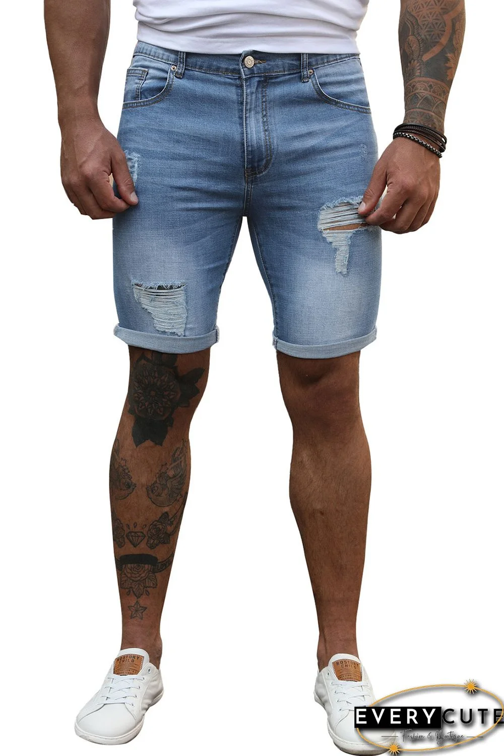 Sky Blue Distressed Low-rise Men's Denim Shorts