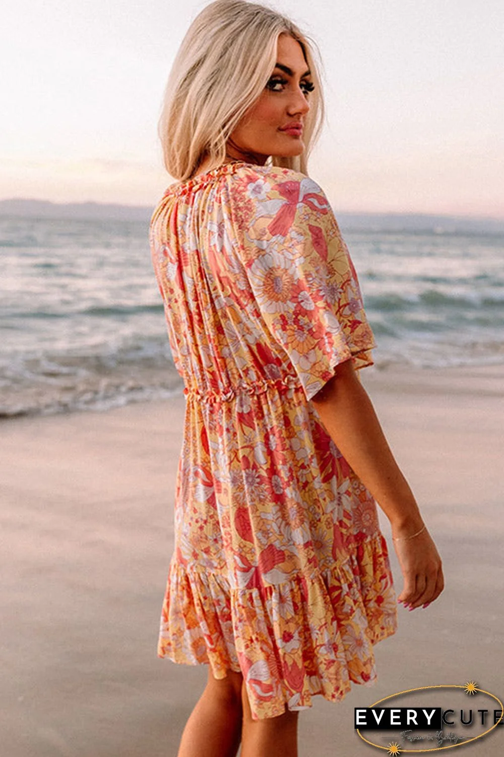 Orange Wide Flutter Sleeve Floral Dress