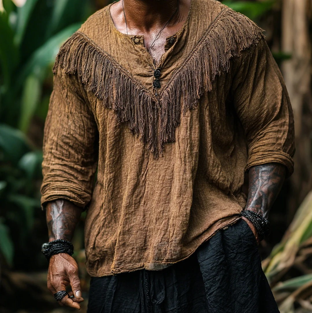 Men's Loose Linen Henley Collar Long Sleeve T-Shirt, Comfortable And Breathable Cotton Linen Top With Tassel Decoration-inspireuse