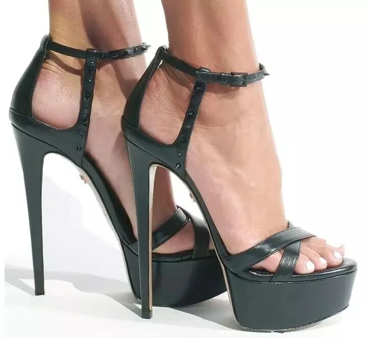 Custom Made Black Ankle Strap Platform Stiletto Heel Sandals |FSJ Shoes